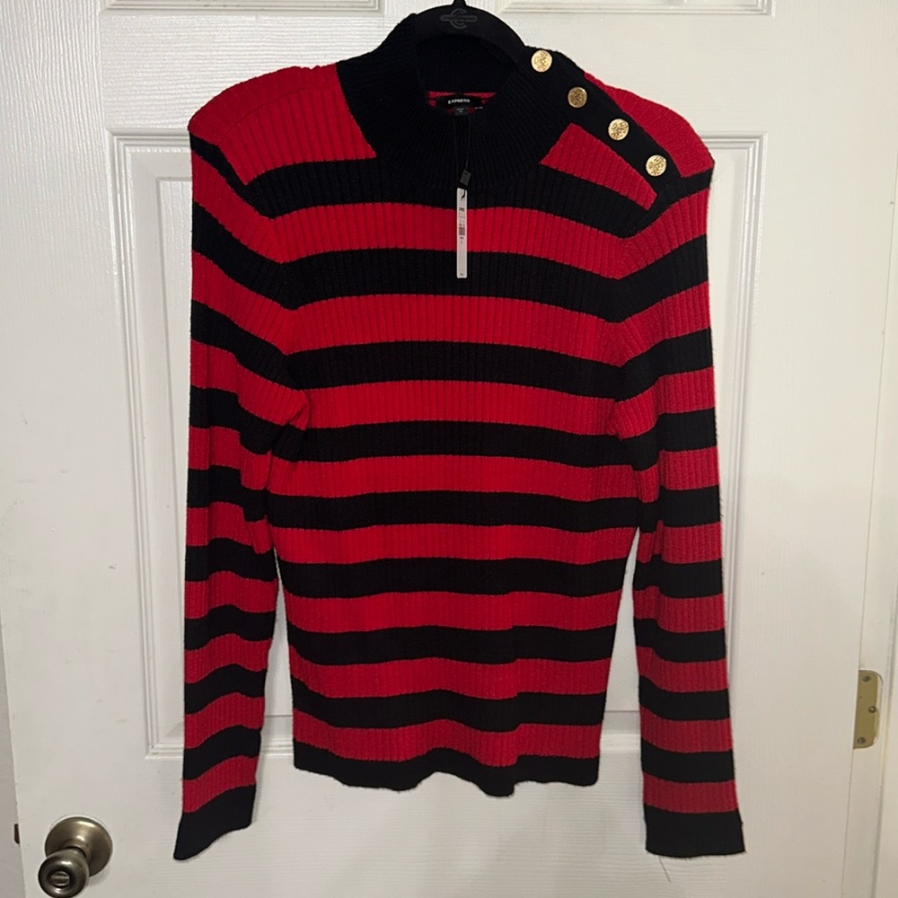 NWT Express Red & Black Stripe Sweater Top with Gold Buttons on Shoulder